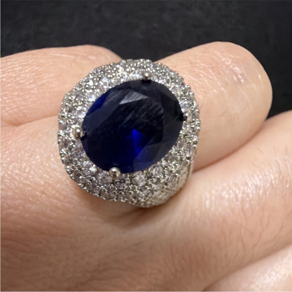 Blue Sapphire imitation Halo Cocktail Ring - sterling silver